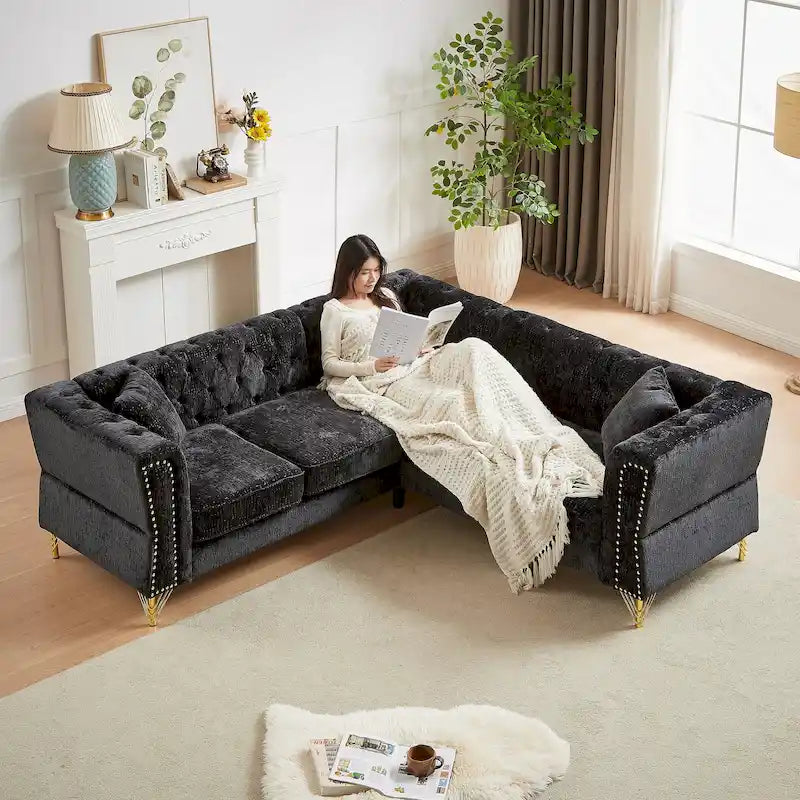 81.5 Ecksofa in L-Form aus Chenille mit gesteppter Rückenlehne