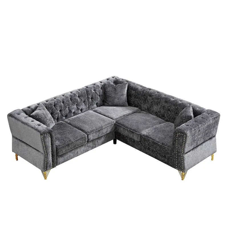 81.5 Ecksofa in L-Form aus Chenille mit gesteppter Rückenlehne