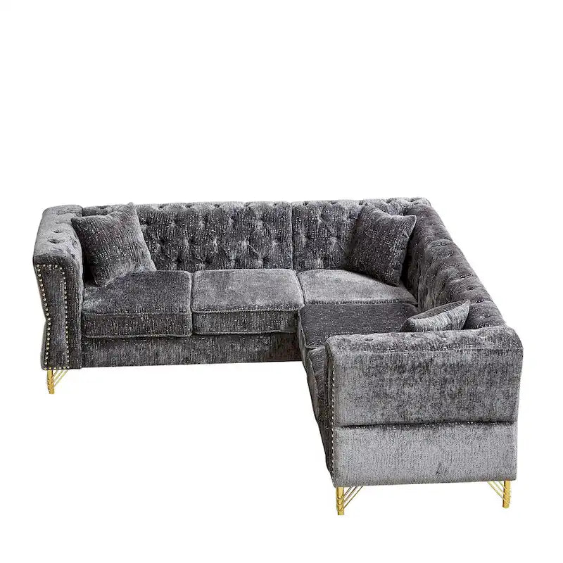 81.5 Ecksofa in L-Form aus Chenille mit gesteppter Rückenlehne