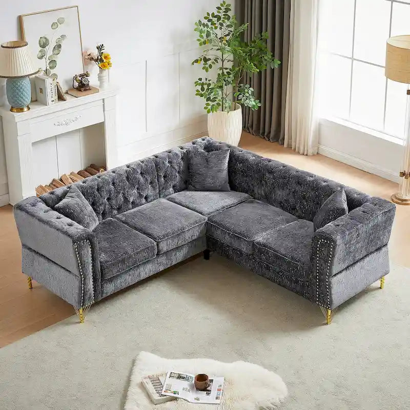 81.5 Ecksofa in L-Form aus Chenille mit gesteppter Rückenlehne