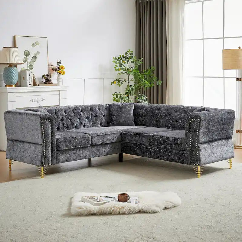 81.5 Ecksofa in L-Form aus Chenille mit gesteppter Rückenlehne