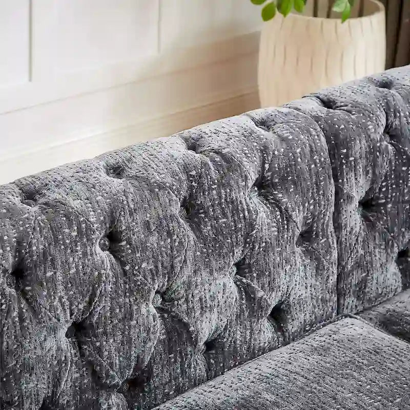 81.5 Ecksofa in L-Form aus Chenille mit gesteppter Rückenlehne