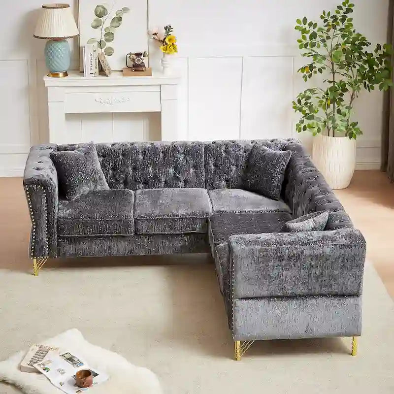 81.5 Ecksofa in L-Form aus Chenille mit gesteppter Rückenlehne