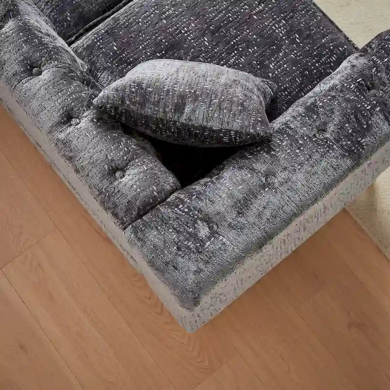 81.5 Ecksofa in L-Form aus Chenille mit gesteppter Rückenlehne