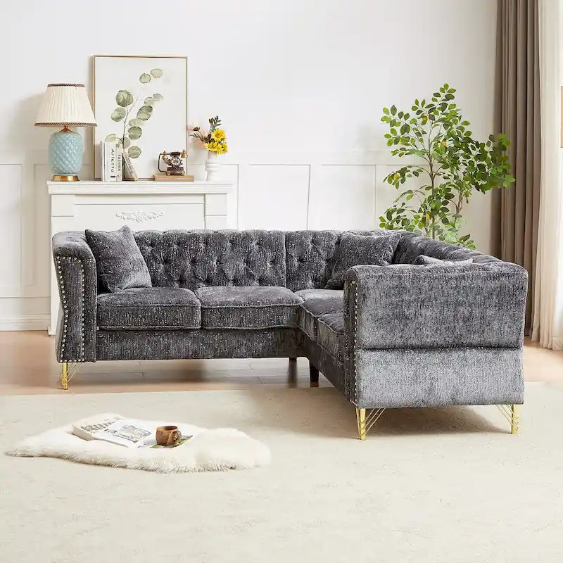 81.5 Ecksofa in L-Form aus Chenille mit gesteppter Rückenlehne
