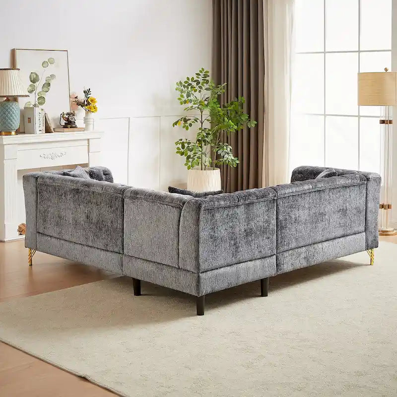 81.5 Ecksofa in L-Form aus Chenille mit gesteppter Rückenlehne