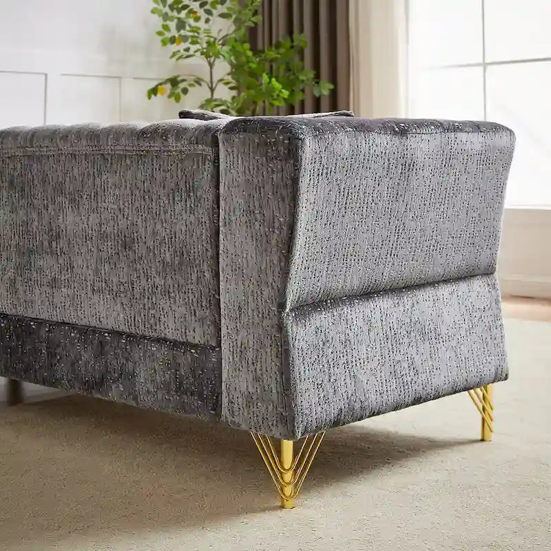 81.5 Ecksofa in L-Form aus Chenille mit gesteppter Rückenlehne