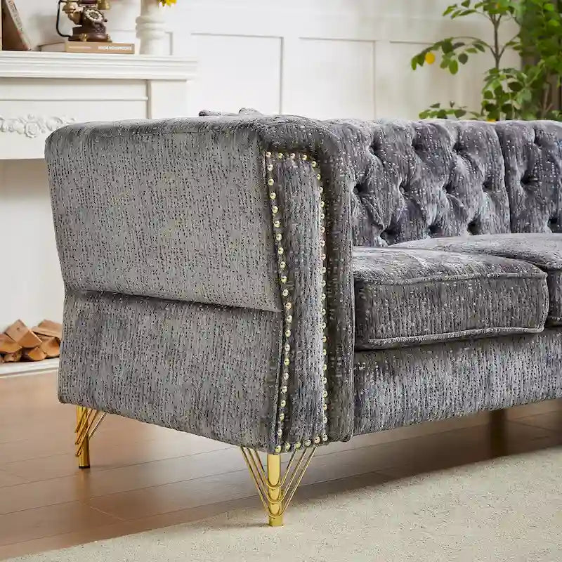 81.5 Ecksofa in L-Form aus Chenille mit gesteppter Rückenlehne