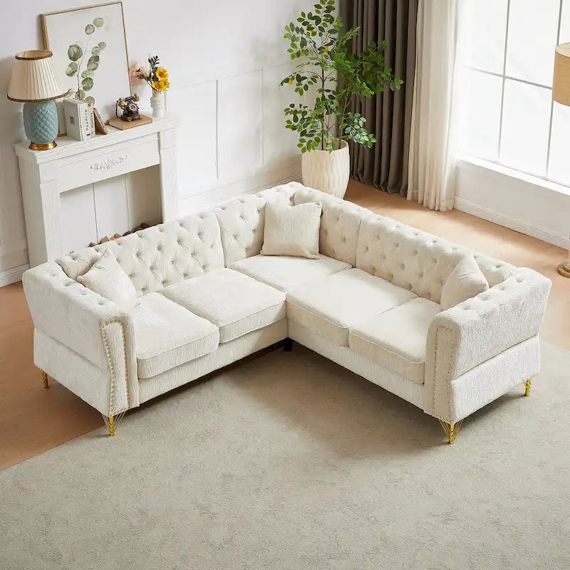 81.5 Ecksofa in L-Form aus Chenille mit gesteppter Rückenlehne