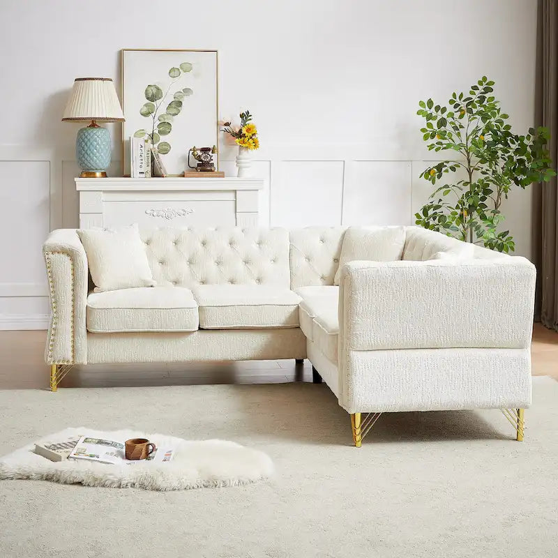81.5 Ecksofa in L-Form aus Chenille mit gesteppter Rückenlehne