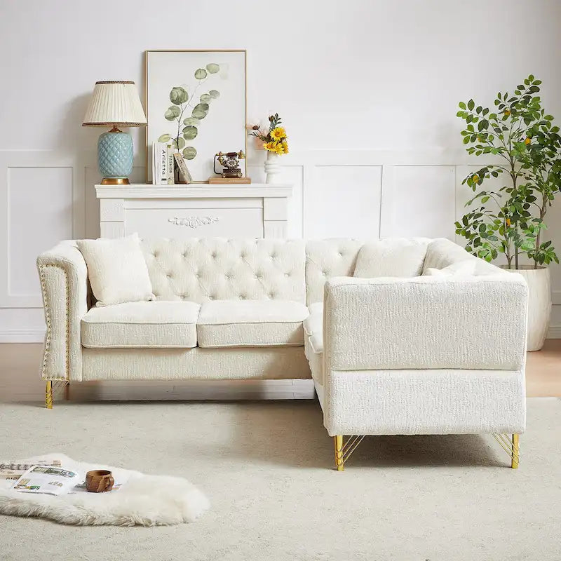 81.5 Ecksofa in L-Form aus Chenille mit gesteppter Rückenlehne