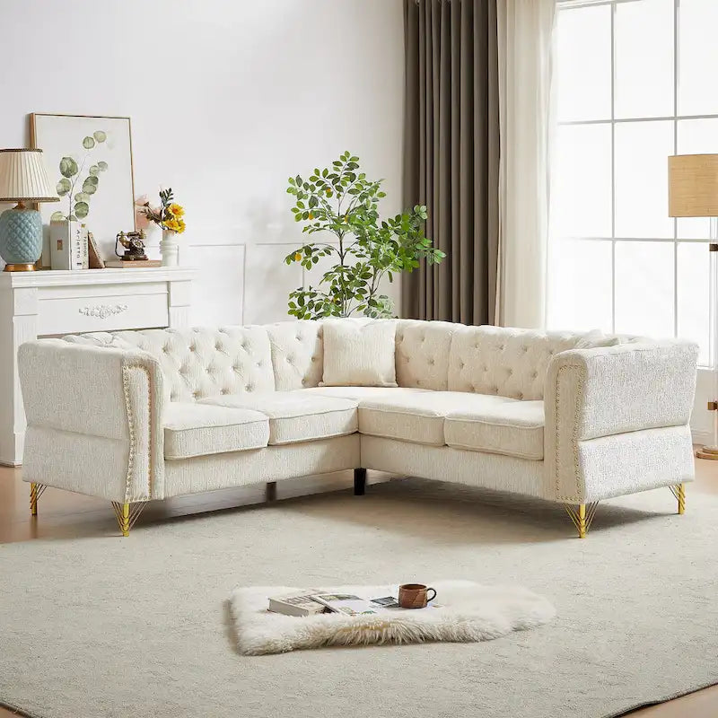 81.5 Ecksofa in L-Form aus Chenille mit gesteppter Rückenlehne