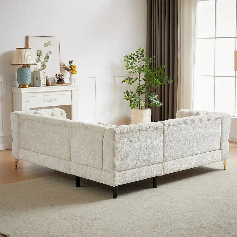 81.5 Ecksofa in L-Form aus Chenille mit gesteppter Rückenlehne