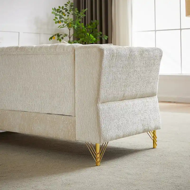81.5 Ecksofa in L-Form aus Chenille mit gesteppter Rückenlehne