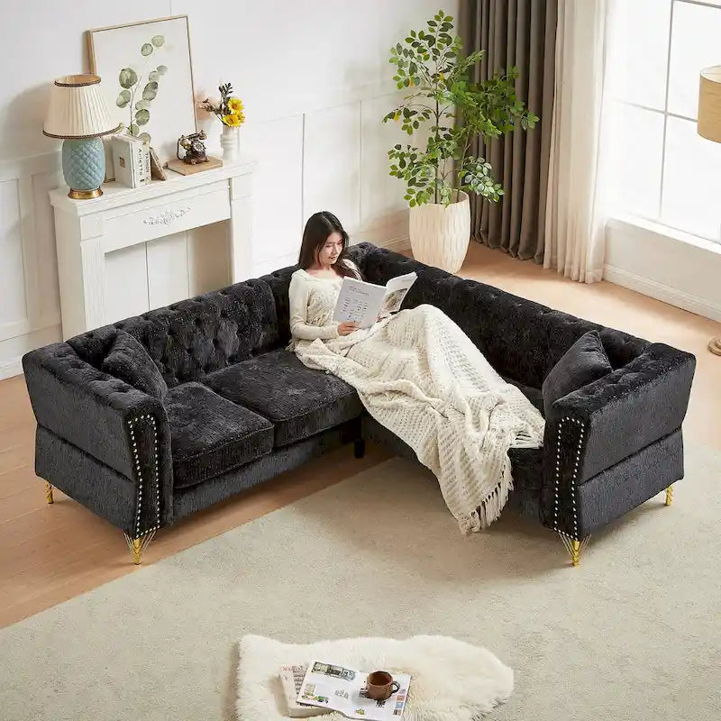 81.5 Ecksofa in L-Form aus Chenille mit gesteppter Rückenlehne