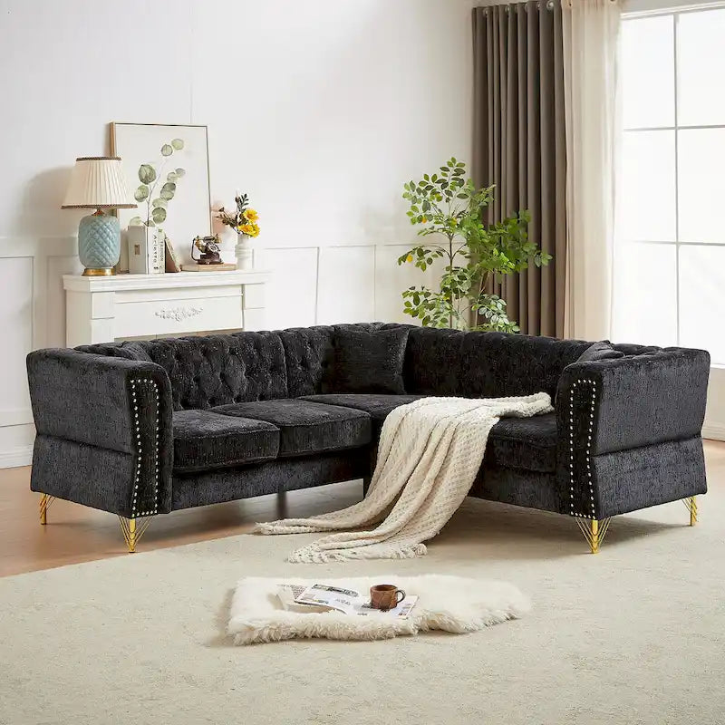 81.5 Ecksofa in L-Form aus Chenille mit gesteppter Rückenlehne