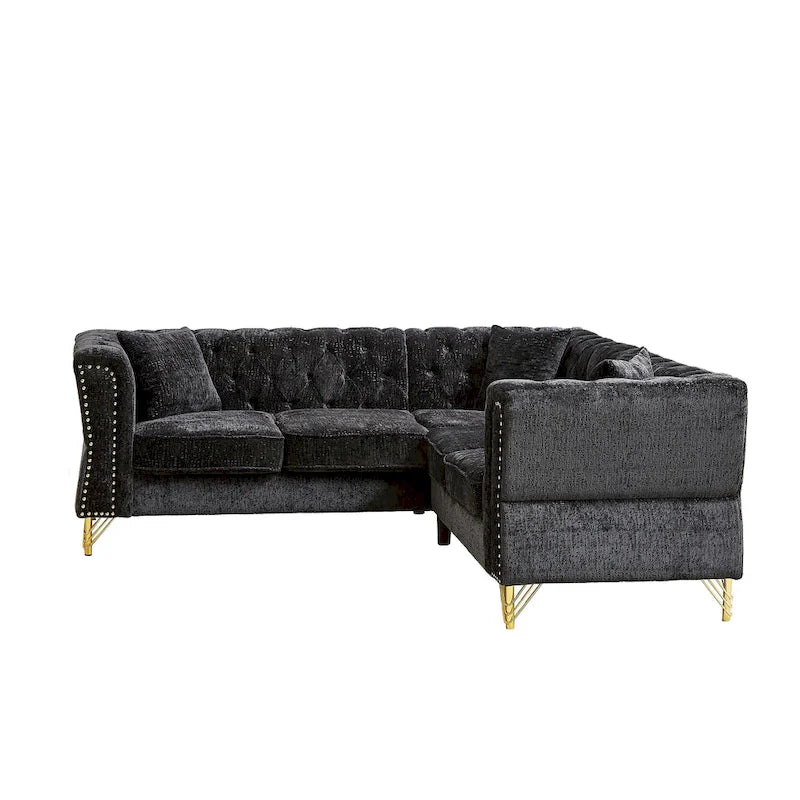 81.5 Ecksofa in L-Form aus Chenille mit gesteppter Rückenlehne