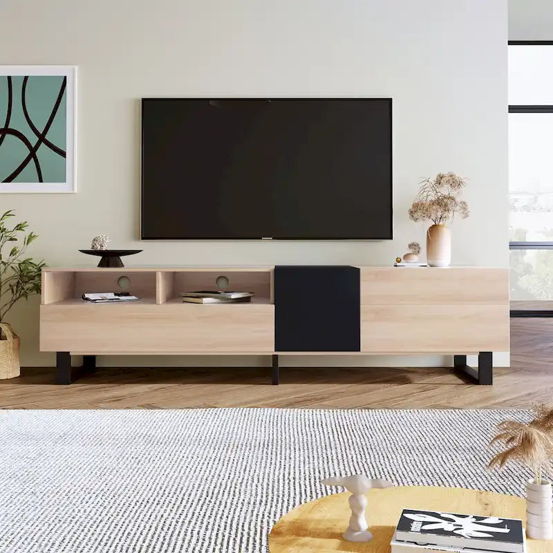 Fernsehschrank in Natur/Schwarz, 70.9, mit doppeltem Stauraum für 80-Zoll-Fernseher