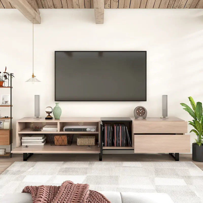 Fernsehschrank in Natur/Schwarz, 70.9, mit doppeltem Stauraum für 80-Zoll-Fernseher