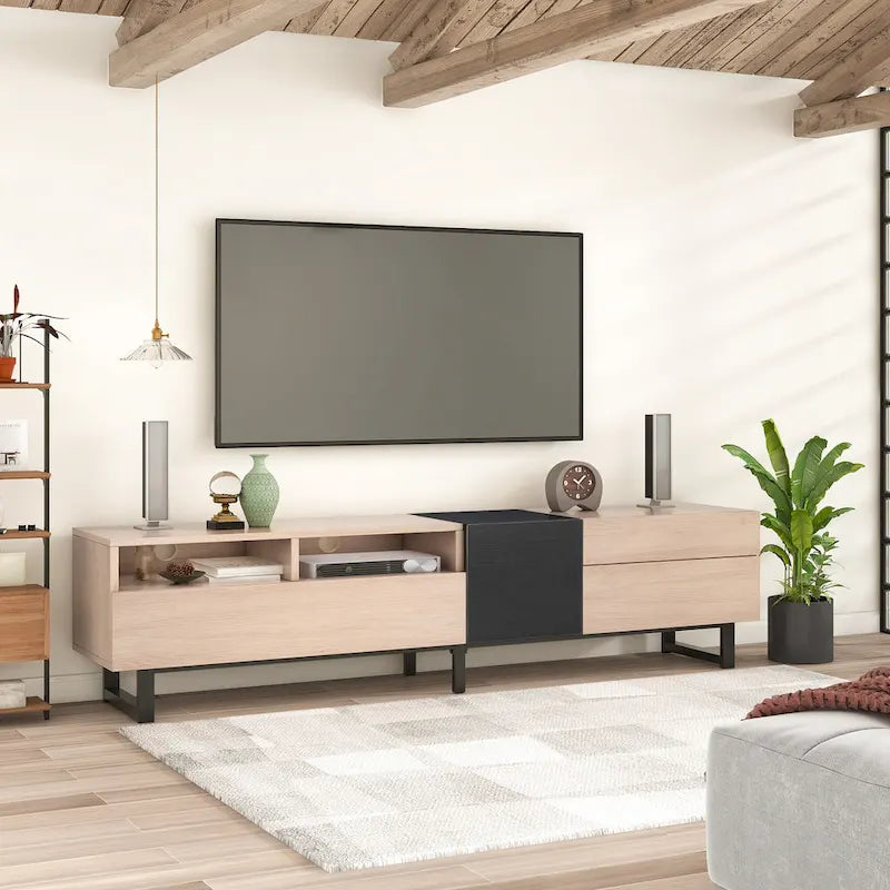Fernsehschrank in Natur/Schwarz, 70.9, mit doppeltem Stauraum für 80-Zoll-Fernseher