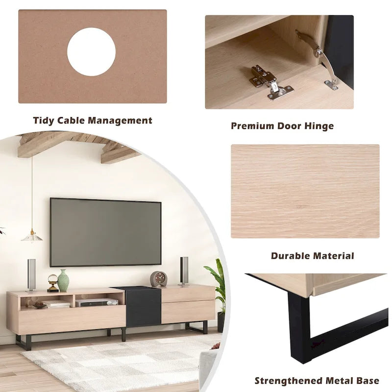 Fernsehschrank in Natur/Schwarz, 70.9, mit doppeltem Stauraum für 80-Zoll-Fernseher