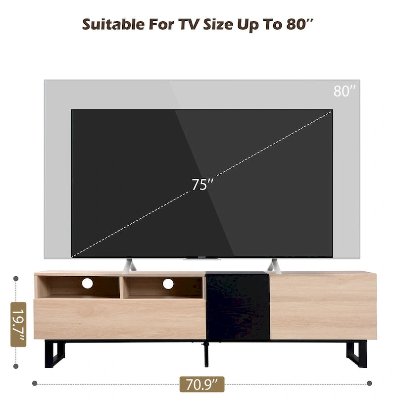 Fernsehschrank in Natur/Schwarz, 70.9, mit doppeltem Stauraum für 80-Zoll-Fernseher