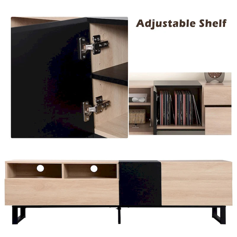 Fernsehschrank in Natur/Schwarz, 70.9, mit doppeltem Stauraum für 80-Zoll-Fernseher