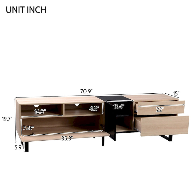 Fernsehschrank in Natur/Schwarz, 70.9, mit doppeltem Stauraum für 80-Zoll-Fernseher