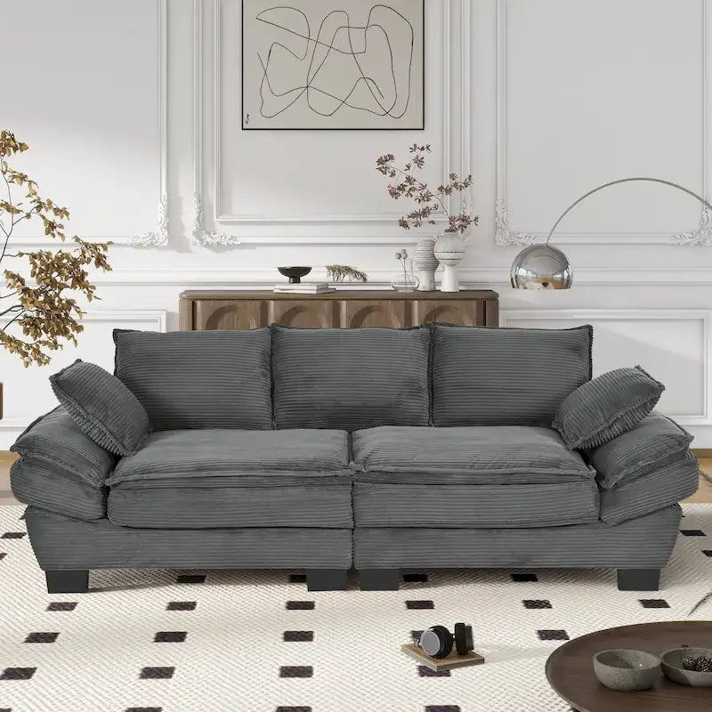 85.4 modernes geschwungenes Sofa, Couch mit gepolsterter Rückenlehne und 2 dekorativen Zierkissen, Cordstoff