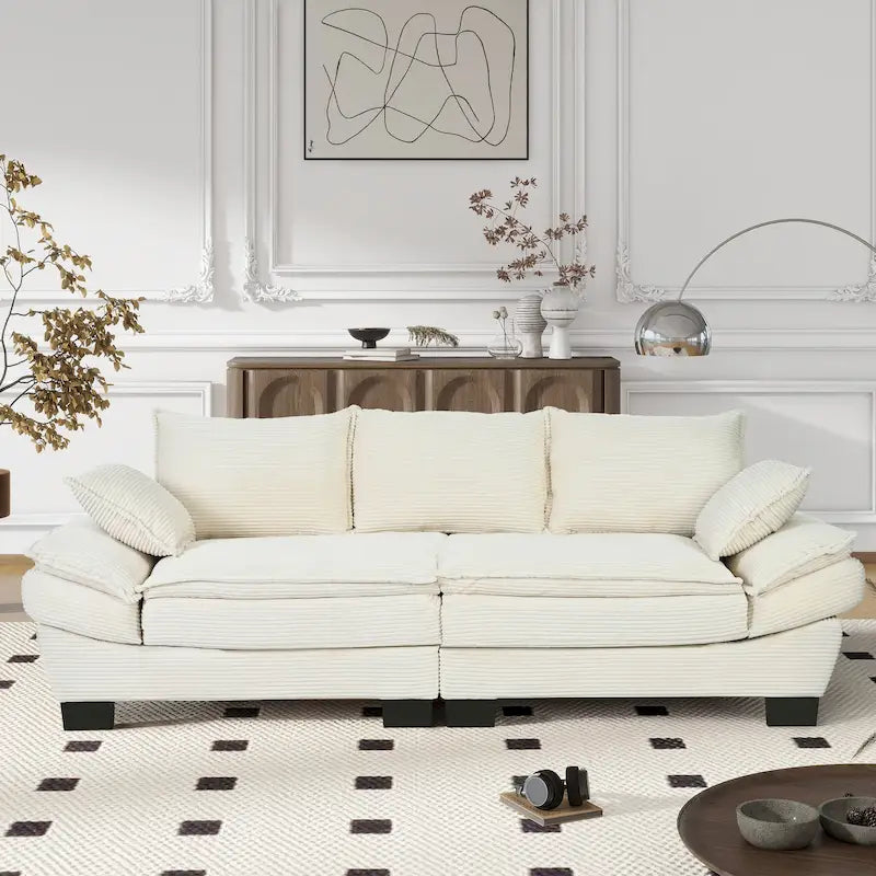 85.4 modernes geschwungenes Sofa, Couch mit gepolsterter Rückenlehne und 2 dekorativen Zierkissen, Cordstoff