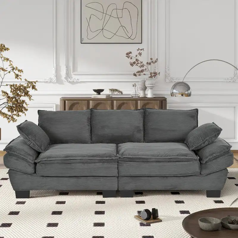 85.4 Modern Curved Sofa, Back Upholstered Couch with 2 Decorative Throw Pillows, Corduroy Fabric Couch