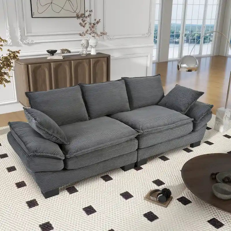 85.4 modernes geschwungenes Sofa, Couch mit gepolsterter Rückenlehne und 2 dekorativen Zierkissen, Cordstoff