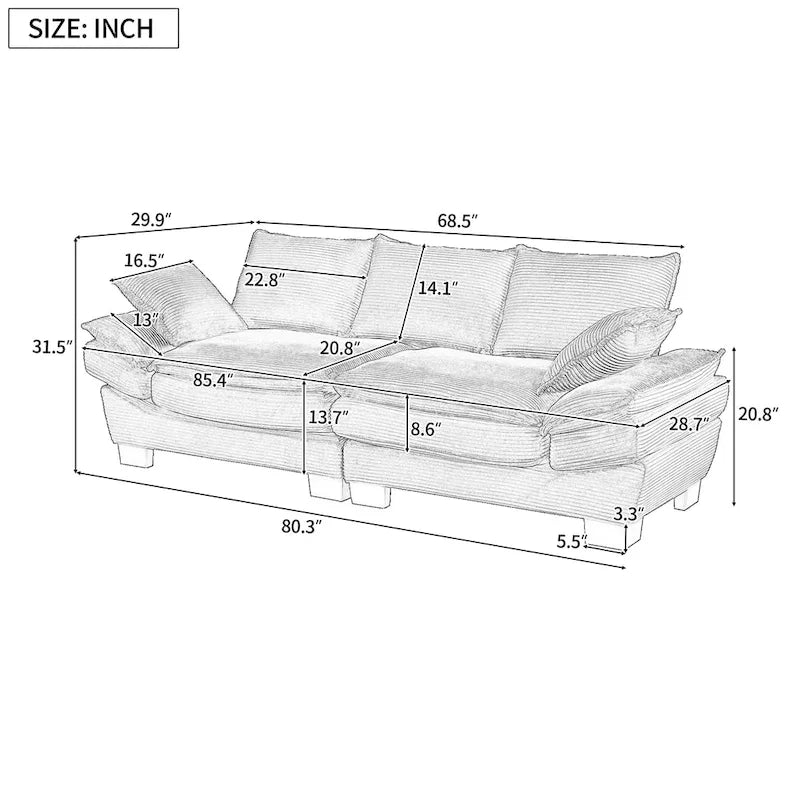 85.4 modernes geschwungenes Sofa, Couch mit gepolsterter Rückenlehne und 2 dekorativen Zierkissen, Cordstoff