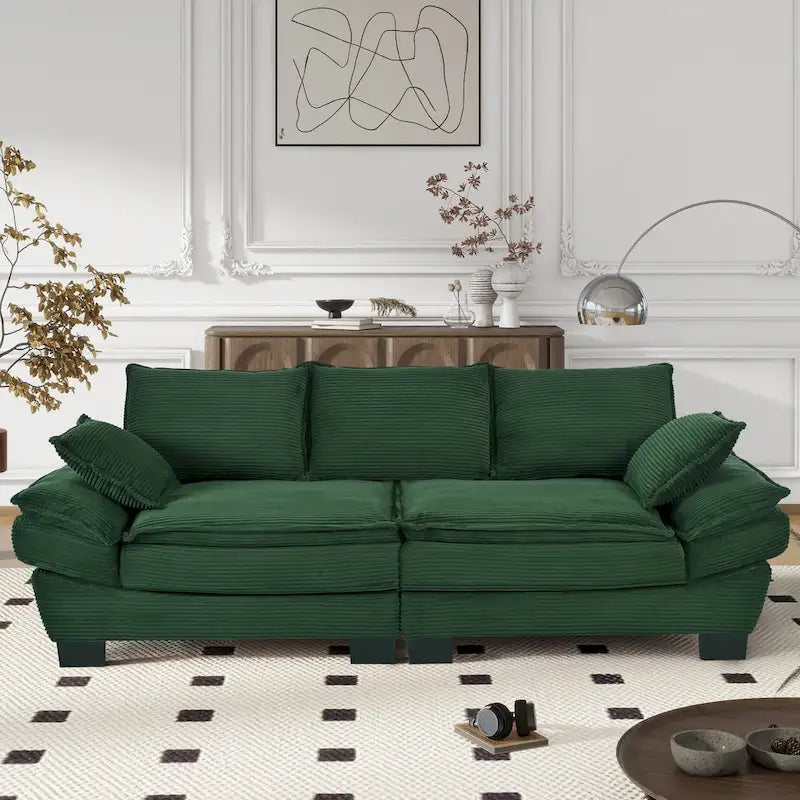 85.4 modernes geschwungenes Sofa, Couch mit gepolsterter Rückenlehne und 2 dekorativen Zierkissen, Cordstoff