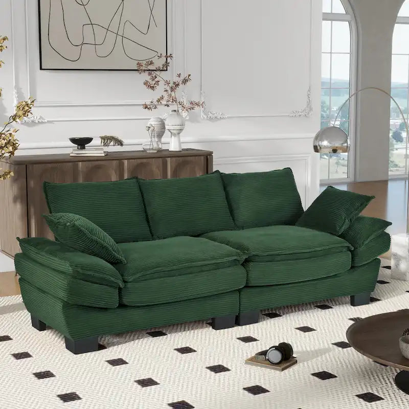 85.4 modernes geschwungenes Sofa, Couch mit gepolsterter Rückenlehne und 2 dekorativen Zierkissen, Cordstoff
