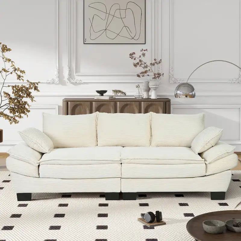 85.4 modernes geschwungenes Sofa, Couch mit gepolsterter Rückenlehne und 2 dekorativen Zierkissen, Cordstoff