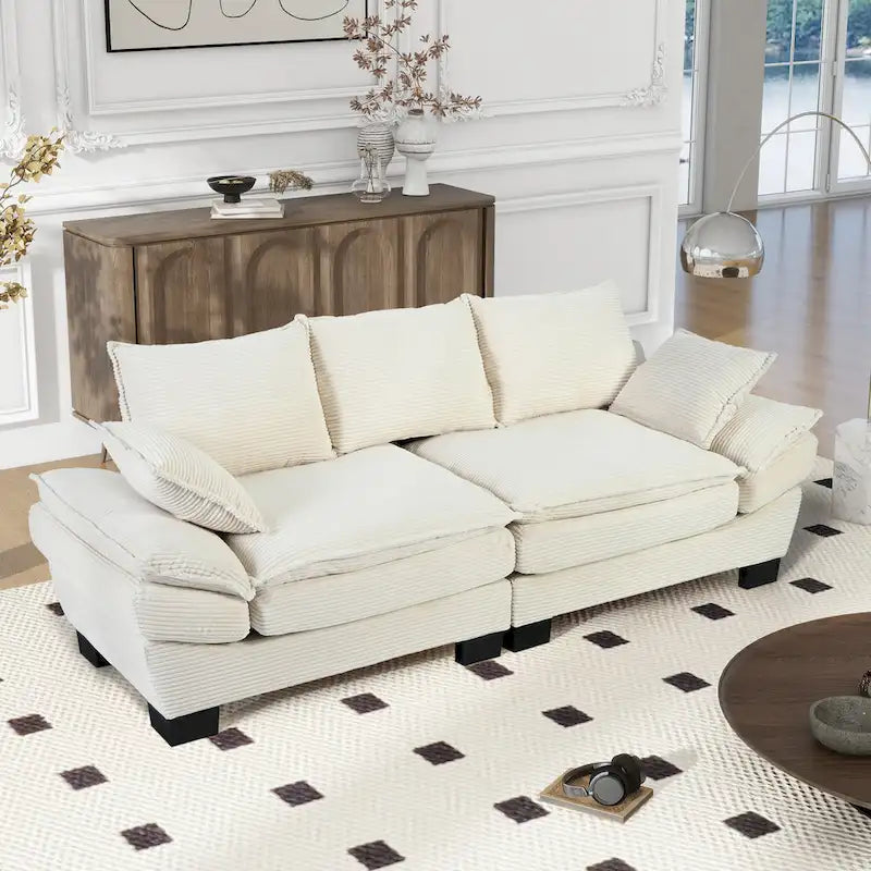 85.4 modernes geschwungenes Sofa, Couch mit gepolsterter Rückenlehne und 2 dekorativen Zierkissen, Cordstoff