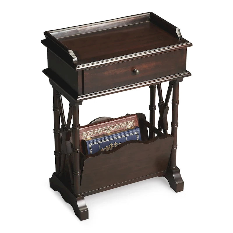 Table d’appoint de 24 en bois massif et bois manufacturé noir, avec tiroir, étagère et porte-revues - 24