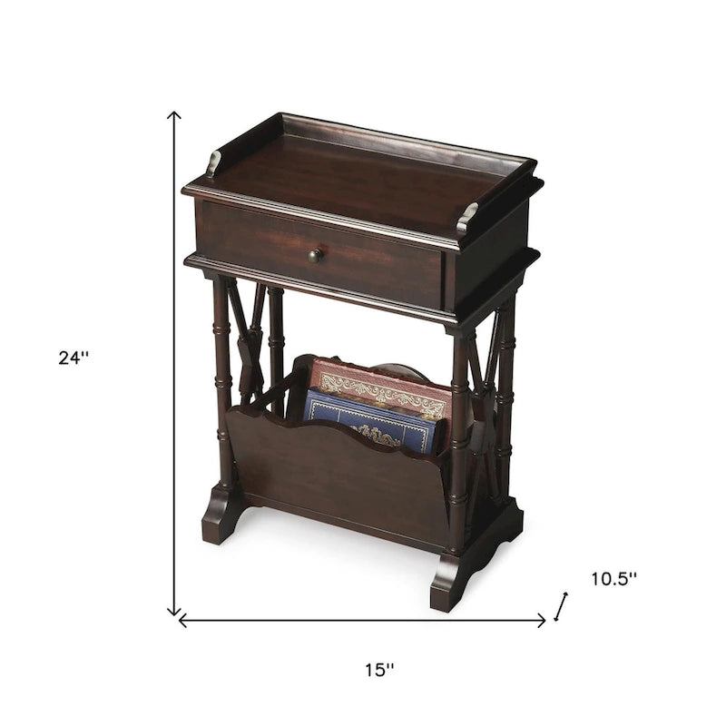 Table d’appoint de 24 en bois massif et bois manufacturé noir, avec tiroir, étagère et porte-revues - 24