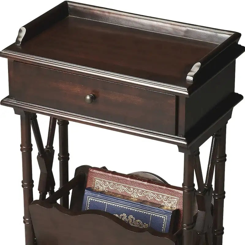 Table d’appoint de 24 en bois massif et bois manufacturé noir, avec tiroir, étagère et porte-revues - 24