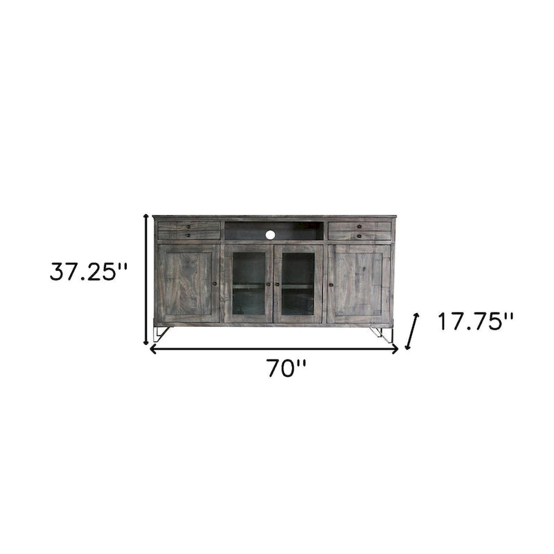 Geschlossener TV-Schrank aus massivem Holz in Grau mit Used-Look - 70' X '37.25' X '17.75
