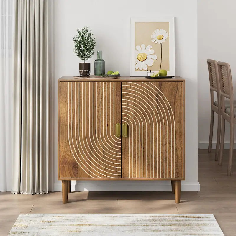 Sideboard aus Walnussholz, freistehender Buffetschrank mit Linienrillendesign, Holzschrank mit verstellbarem Einlegeboden
