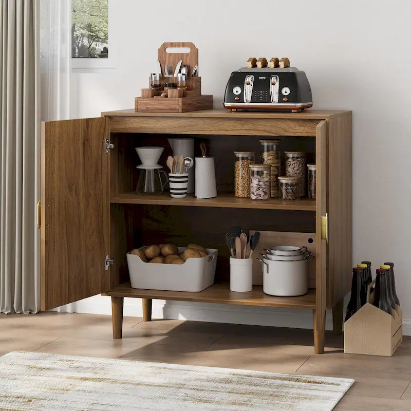 Sideboard aus Walnussholz, freistehender Buffetschrank mit Linienrillendesign, Holzschrank mit verstellbarem Einlegeboden