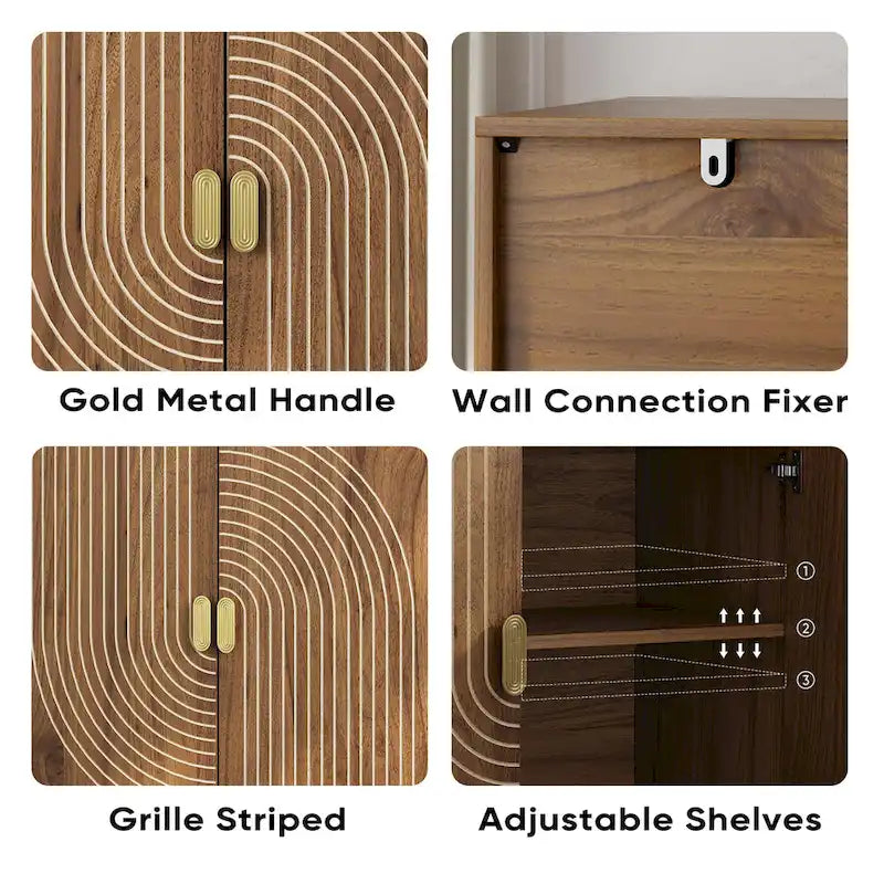 Sideboard aus Walnussholz, freistehender Buffetschrank mit Linienrillendesign, Holzschrank mit verstellbarem Einlegeboden