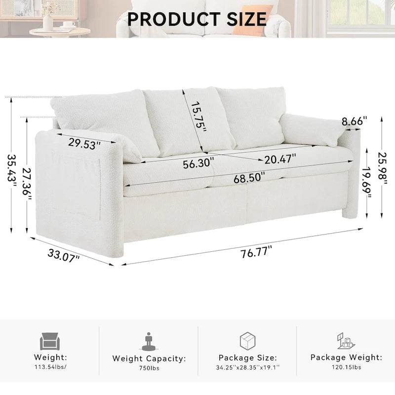 3-Sitzer-Sofa, 77, Chenille-Couch - luxuriöses Sofa mit drei Sitzplätzen, hochdichten Schaumstoffpolstern und tiefer Sitzfläche fürs Wohnzimmer