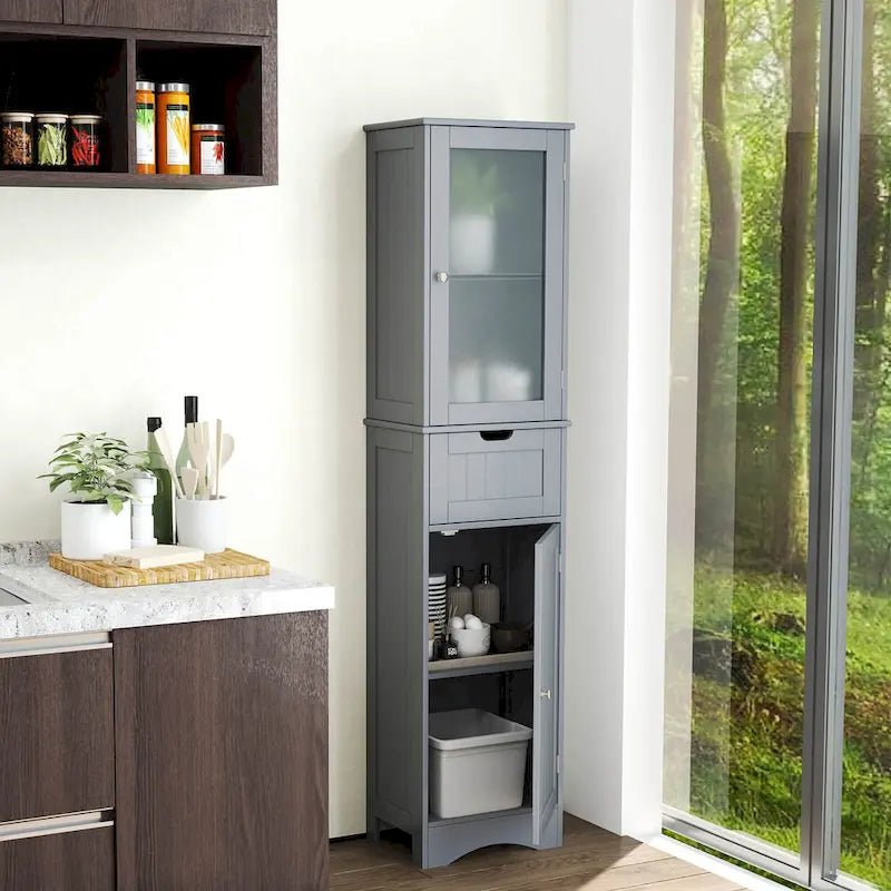 Freistehender hoher Badezimmerschrank mit Türen und Wäscheschrank - siehe Details