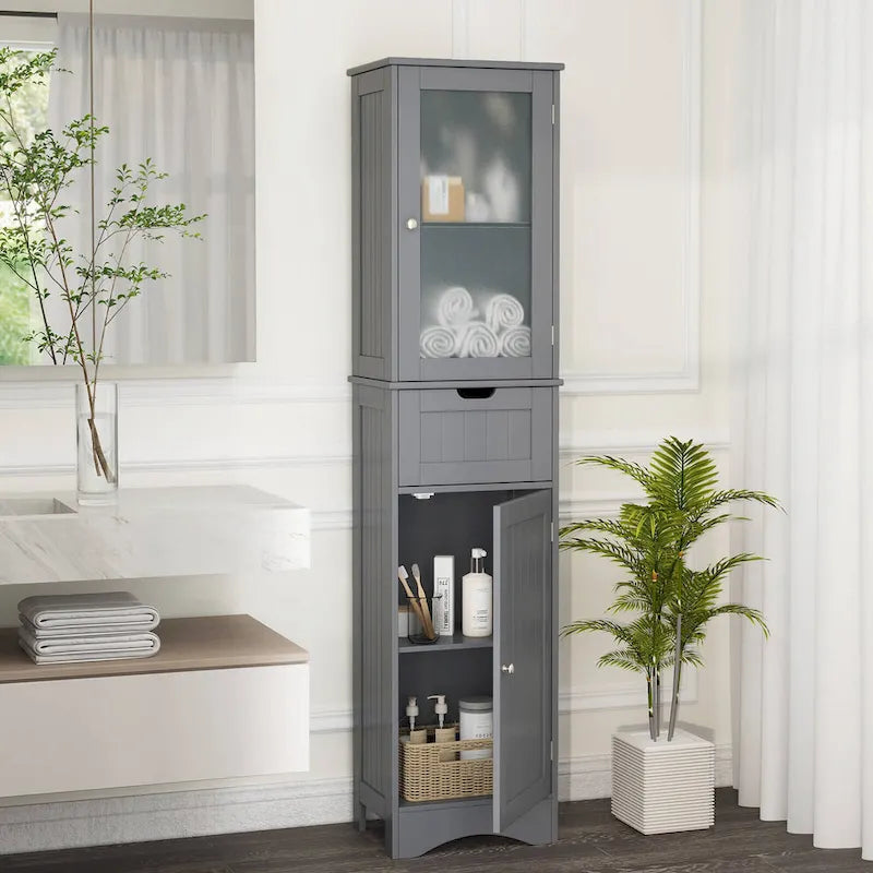 Freistehender hoher Badezimmerschrank mit Türen und Wäscheschrank - siehe Details