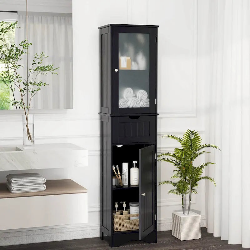 Freistehender hoher Badezimmerschrank mit Türen und Wäscheschrank - siehe Details