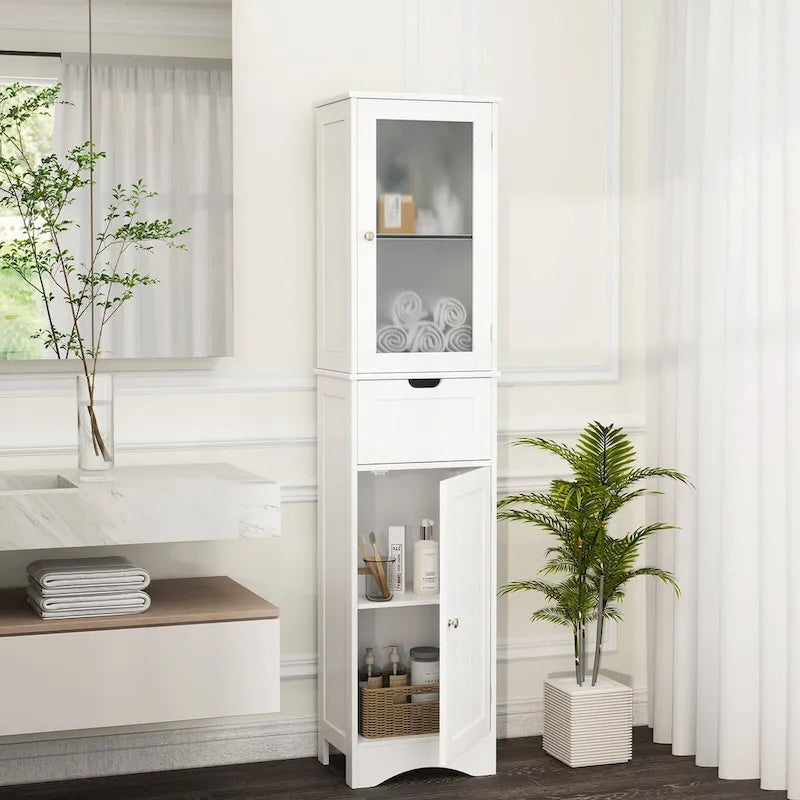 Freistehender hoher Badezimmerschrank mit Türen und Wäscheschrank - siehe Details