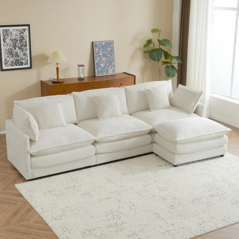 Ecksofa mit verschiebbarem Hocker, L-förmige Cordcouch mit tiefem Sitz, Lendenkissen und Seitentaschen